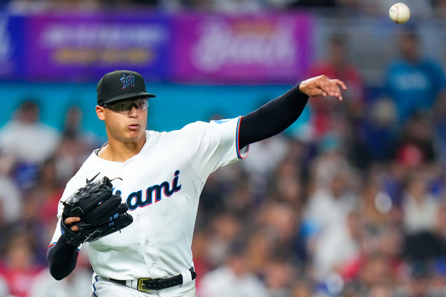 Sep 17, 2023; Miami, Florida, USA; Miami Marlins starting pitcher Jesus Luzardo (44) throws the ball to first base for an out against the Atlanta Braves during the fifth inning at loanDepot Park.